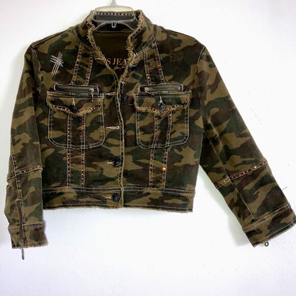 ABS size L 98% Cotton Denim Camo Cropped Jeans Jacket Top Rhinestones Camouflage - Picture 1 of 6